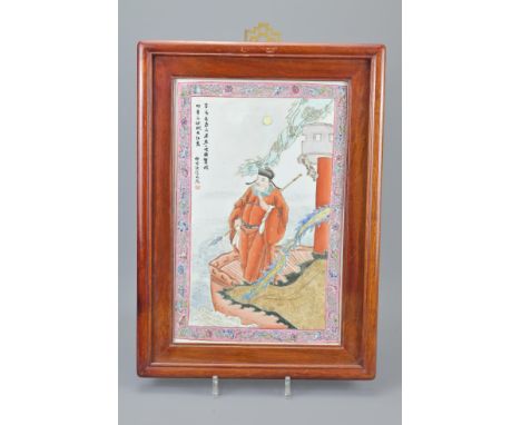 A Vintage Chinese Porcelain Plaque Fitted In A Wooded Frame. 33.5 X 46.5Cm