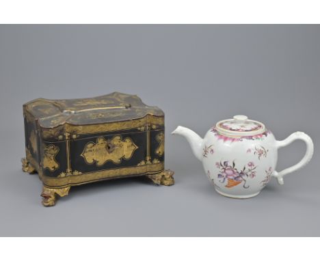 A Chinese 19Th Century Lacquer Tea Caddy. Together With 18Th Century Famille Rose Tea Pot. Tea Caddy Width Approx. 21Cm (2)