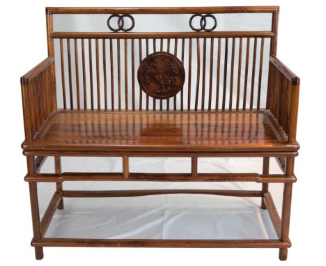 A Chinese Hardwood Two Seater Bench With Spindles. Height 90 X Width 100 X Depth 52 Cm