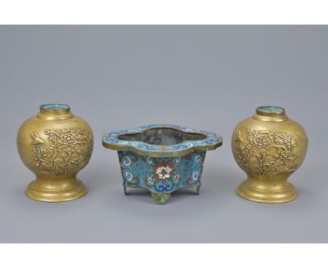 Pair Of Asian Brass Lamp Bases. Together With A Cloisonne Example - Diameter Approx. 13Cm (3)