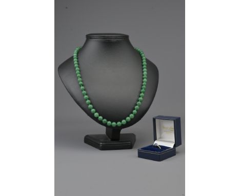 A Vintage Chinese Graduated Jade Bead Necklace With Silver Clasp. Together With A Diamond And Sapphire Mounted 18Ct Gold Ring