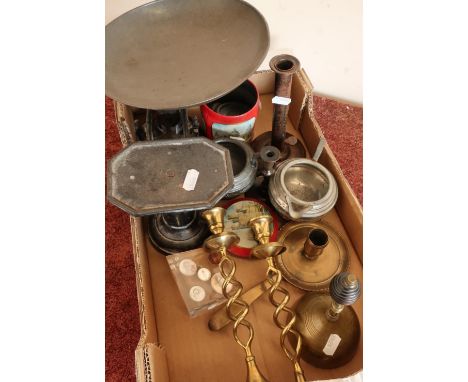 Set of cast metal kitchen scales, pewter ware, brass ware etc in one box 
