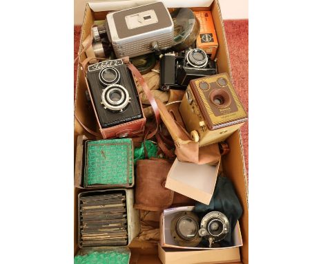 Box containing a selection of various vintage cameras and camera equipment, a selection of large desk magnifying glasses, a L
