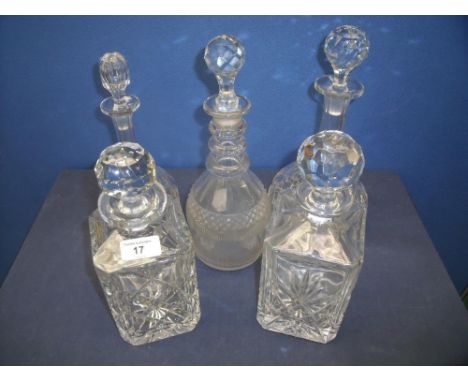 19th C cut glass decanter with later stopper, two square decanters and two other bulbous decanters (5) 