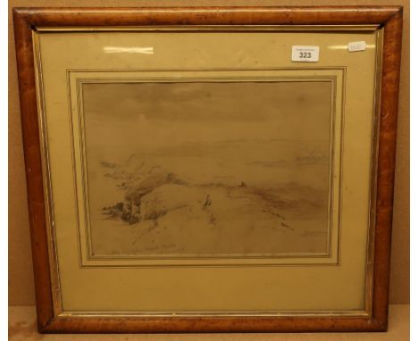 19th C framed pencil sketch of landscape of Filey Bay looking towards Flamborough Head in maple frame (54cm x 49cm) 