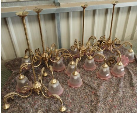 Set of three five branch brass centre light fittings with etched glass shades, another matching three branch centre fitting (
