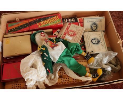 Selection of various vintage board games, Senior Service playing cards, old marbles, puppet and other items 
