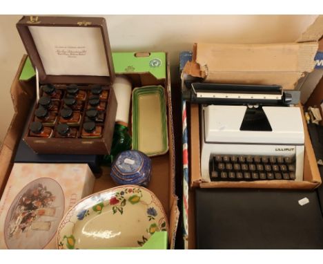 Cased typewriter, various ceramics including Ringtons, draughts set etc in two boxes 