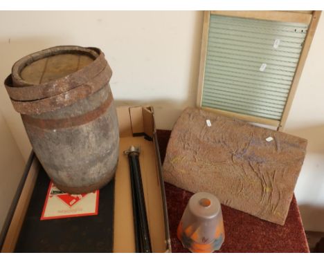 Vintage ribbed glass washboard, a small barrel, various tools, two vintage rulers and other items 