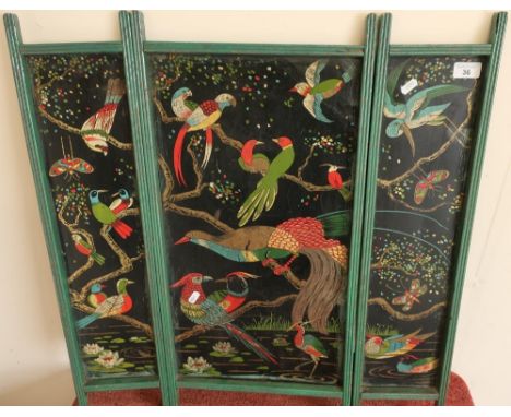 Unusual circa 1920s three sectional firescreen with painted tin plate panels 