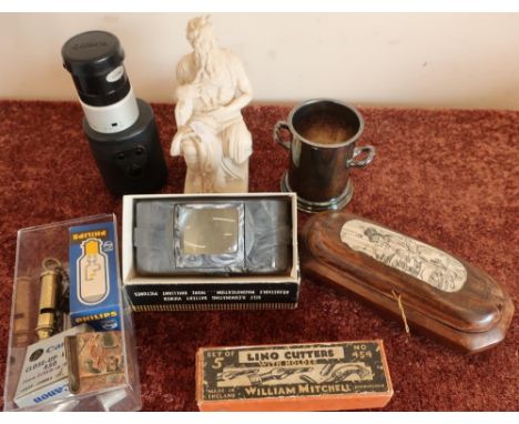 Boxed slide viewer, vintage cutters, a Metropolitan whistle and other decorative items in one box 