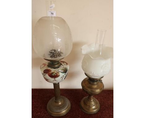 Early 20th C oil lamp with painted opaque glass reservoir and another with opaque glass shade (2) 