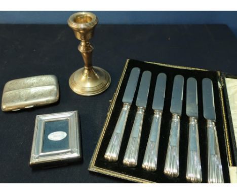 A cased set of six silver hallmark handled knives, modern silver hallmarked picture frame, Birmingham silver hallmarked candl