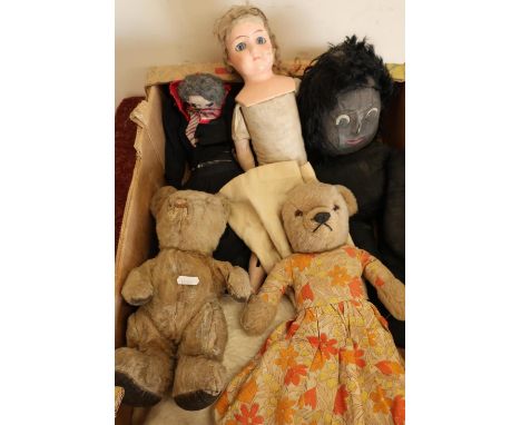 Selection of various vintage teddy bears and dolls, including a late 19th C bisque headed doll with glass eyes 