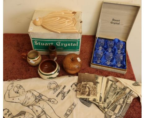 Sylvac wall pocket, a First Aid triangular bandage, Motto wear, postcards, Stewart Crystal glasses etc. 