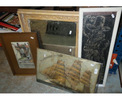 Unframed print on board Homeward Bound, a watercolour of street scene, carved framed wall mirror and another print (4) 