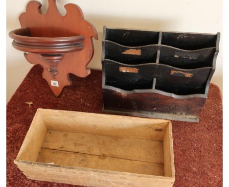 Mahogany wall shelf, an oak desk tidy marked The Empire's Greatest Railway and a vintage wooden orange packing crate (3) 