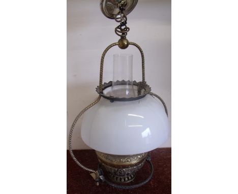 Late Victorian centre hanging brass oil lamp with opaque glass shade and embossed reservoir, with hanging frame (converted to