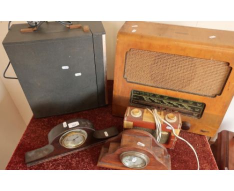 Smiths oak cased mantle clock and another similar, a small Roberts style radio, a Marconi phone radio and an His Masters Voic