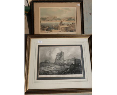 Framed engraving of Scarborough Castle by Rodwell &amp; Martin 1822, and a current print of Modern Improvements Scarborough f