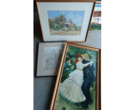 Large gilt framed oleograph print, framed sketch and another print (3) 