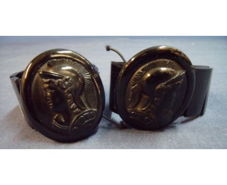Pair of similar Whitby jet bracelets with large cameo profile panel depicting a Greek style warriors bust portrait 