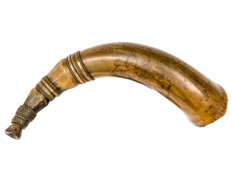 A Geo horn bugle, facetted and curved with bands towards darkwood mouthpiece, engraved band at (worn) open end, the body engr