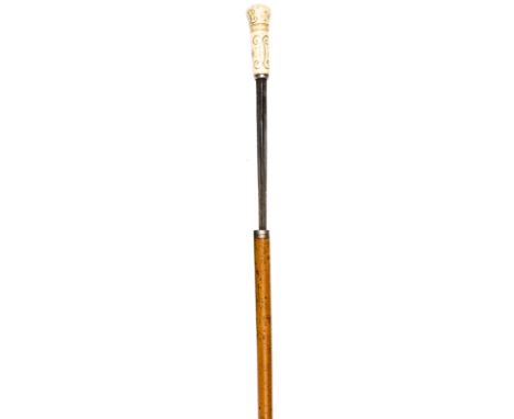 A mid 18th century bamboo swordstick,  hollow triangular section, tapering blade 32”, knopped ivory grip decorated with silve
