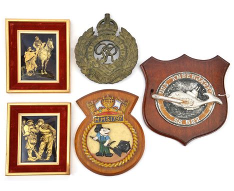 A Geo VI cast brass gatepost badge of The R. Engineers, design as for cap, 9” x 8”; 2 ships’ plaques: RN “Mickey Mouse” mines