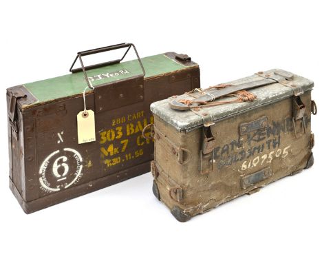 A webbing covered aluminium ammunition box, to hold 16 magazines in four compartments, with padded back, D rings for leather 