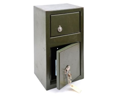 A small steel gun cabinet for pistols,  with separate compartment for ammunition, external dimensions 20” x 11” x 9” deep, wi