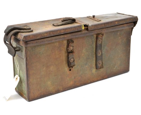 A scarce WWI steel ammunition box for a Vickers machine gun, one end embossed “No 7/ SJ & EF Ltd/ 1/ 1917”, with traces of ol