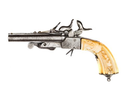 A Spanish DB side by side 12mm boxlock pinfire pistol, 7¾” overall, round twist barrels 3¾” which tip downwards for loading a