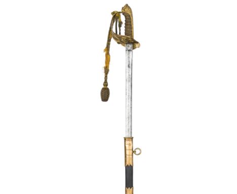 A Vic Royal Naval officer’s sword, very slightly curved fullered blade 31”, by Whiteman Portsea (? faint), etched with crowne
