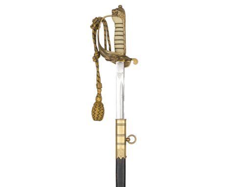 A post 1902 Royal Naval officer’s sword,  straight fullered blade 32”, marked “Made in England” on backstrap and etched with 