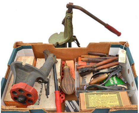 A quantity of cartridge reloading equipment, including Ohaus precision reloading scale, Forster precision case trimmer, RCBS 