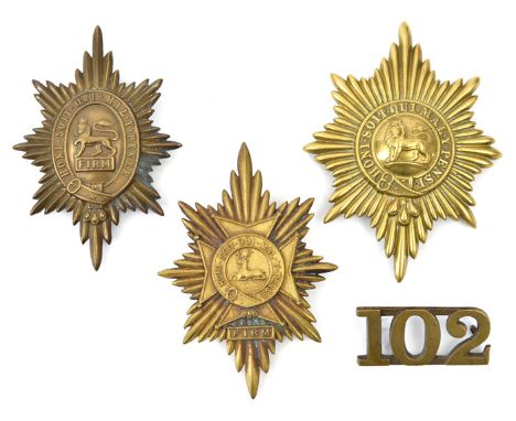 3 Worcester Regt brass star valise badges, lion in Garter centre, lion and “Firm” centre and Worcester & Sherwood Foresters; 