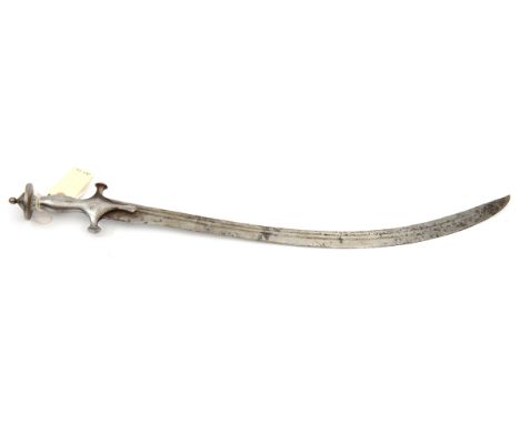 A tulwar, curved blade 28½”, with shallow twin back fullers, iron hilt with long langets, flattened bulbous quillons to cross