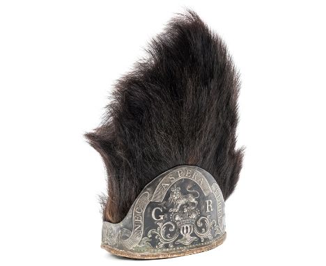 A 1768 pattern grenadier fur cap,   red cloth back with white braid trim and tassels, blackened white metal, die struck, ear 