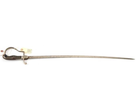 A German infantry NCOs sword,  slender curved fullered blade 34½”, plated hilt with langets and pronounced knucklebow, plain 