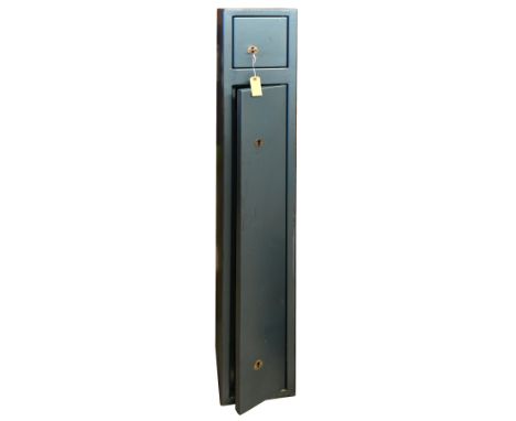 A steel gun cabinet for 3 guns up to maximum of 48”, with separate compartment above for ammunition, external dimensions 60” 