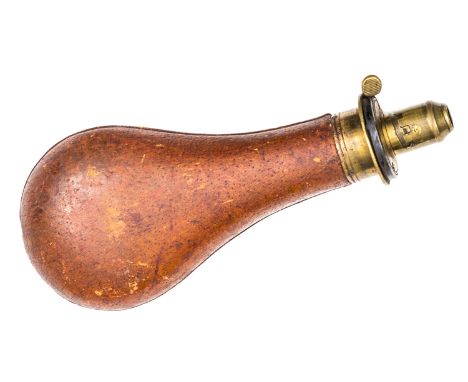 A brown leather covered powder flask “Patent”,  spring brass top, retaining a little original lacquer, the nozzle graduated 3