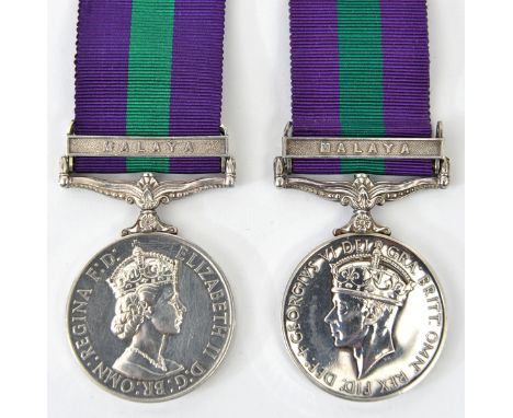 G.S.M. 1918  1 clasp Malaya, Geo VI issue (22773903 Sigmn G.G. Spiers R Sigs), NEF; another, Malaya EIIR issue (2277856 Act C