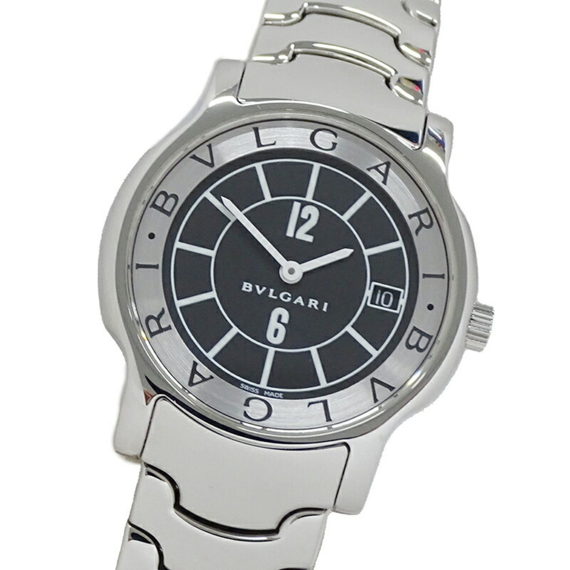 BVLGARI Men's Solotempo Date Quartz Watch Stainless Steel SS ST35S Silver Black Polished