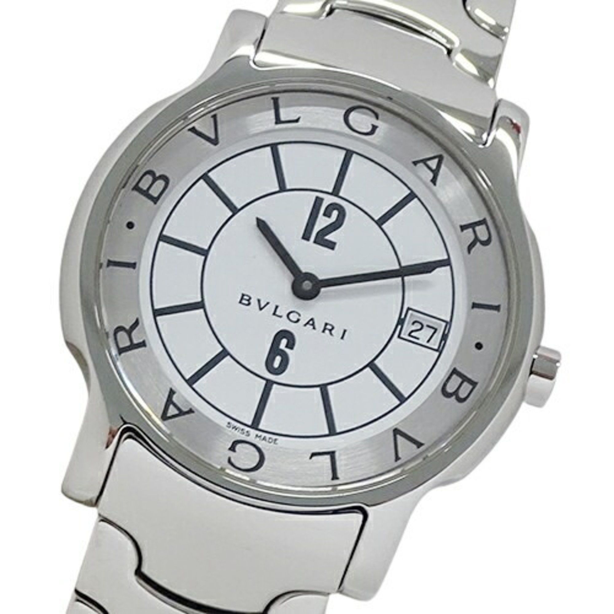BVLGARI Men's Solotempo Date Quartz Watch Stainless Steel SS ST35S Silver White Polished