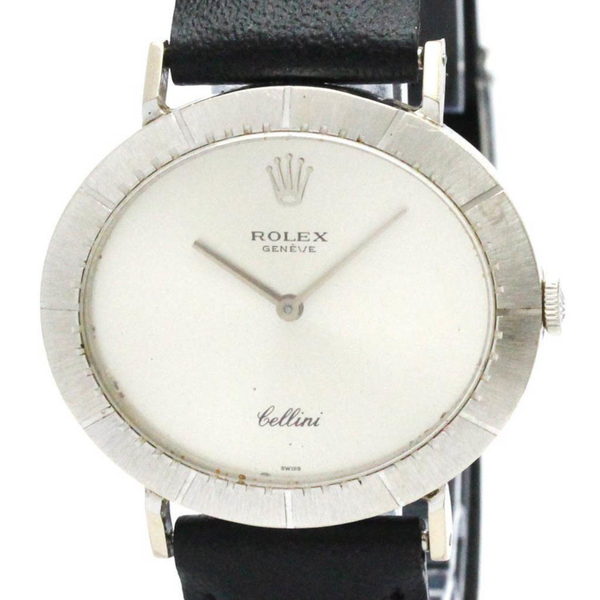 ROLEX Cellini 18K White Gold Leather Hand-Winding Mens Watch 4083