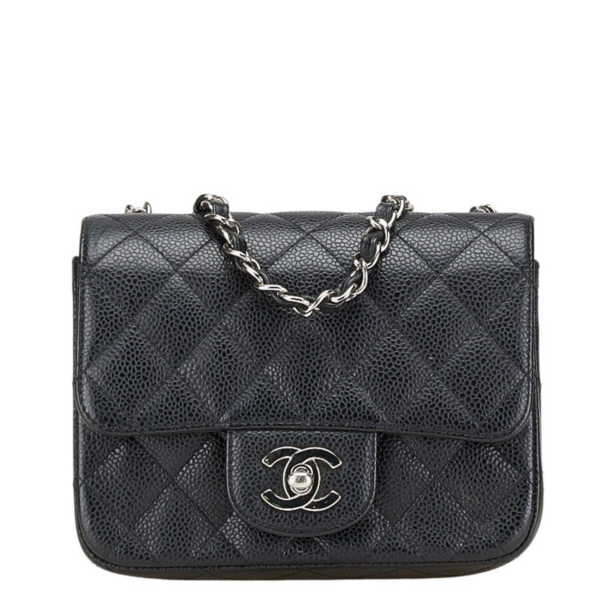 Chanel Mini Matelasse Coco Mark Chain Shoulder Bag Black Silver Caviar Skin Women's