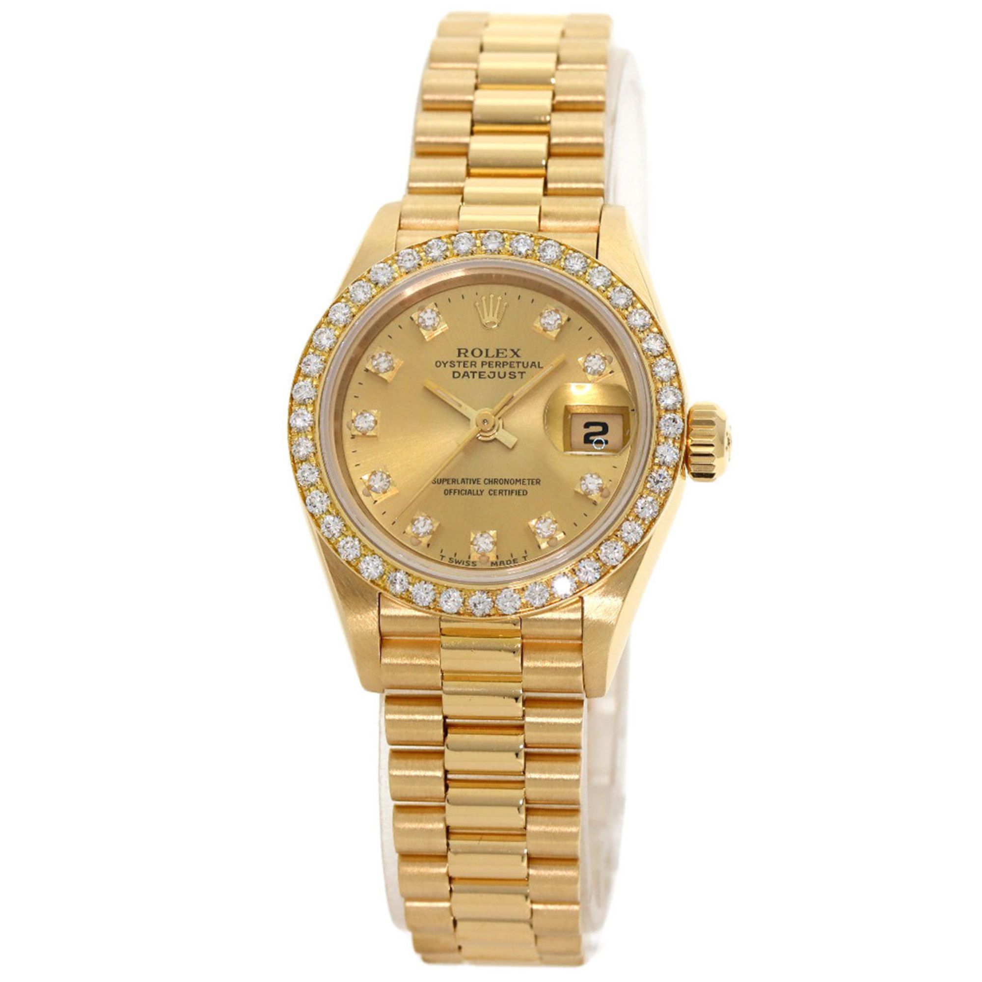 Rolex 69138G Datejust 10P Bezel Diamond Watch K18 Yellow Gold K18YG Ladies
