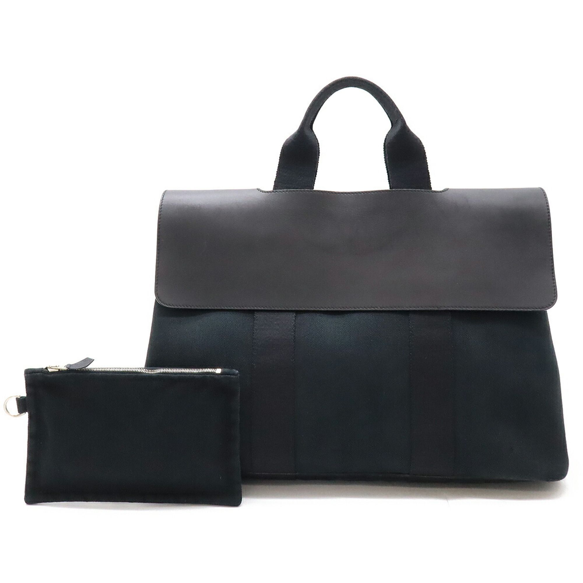 HERMES Valparaiso MM Handbag Tote Bag Toile Chevron Leather Black
