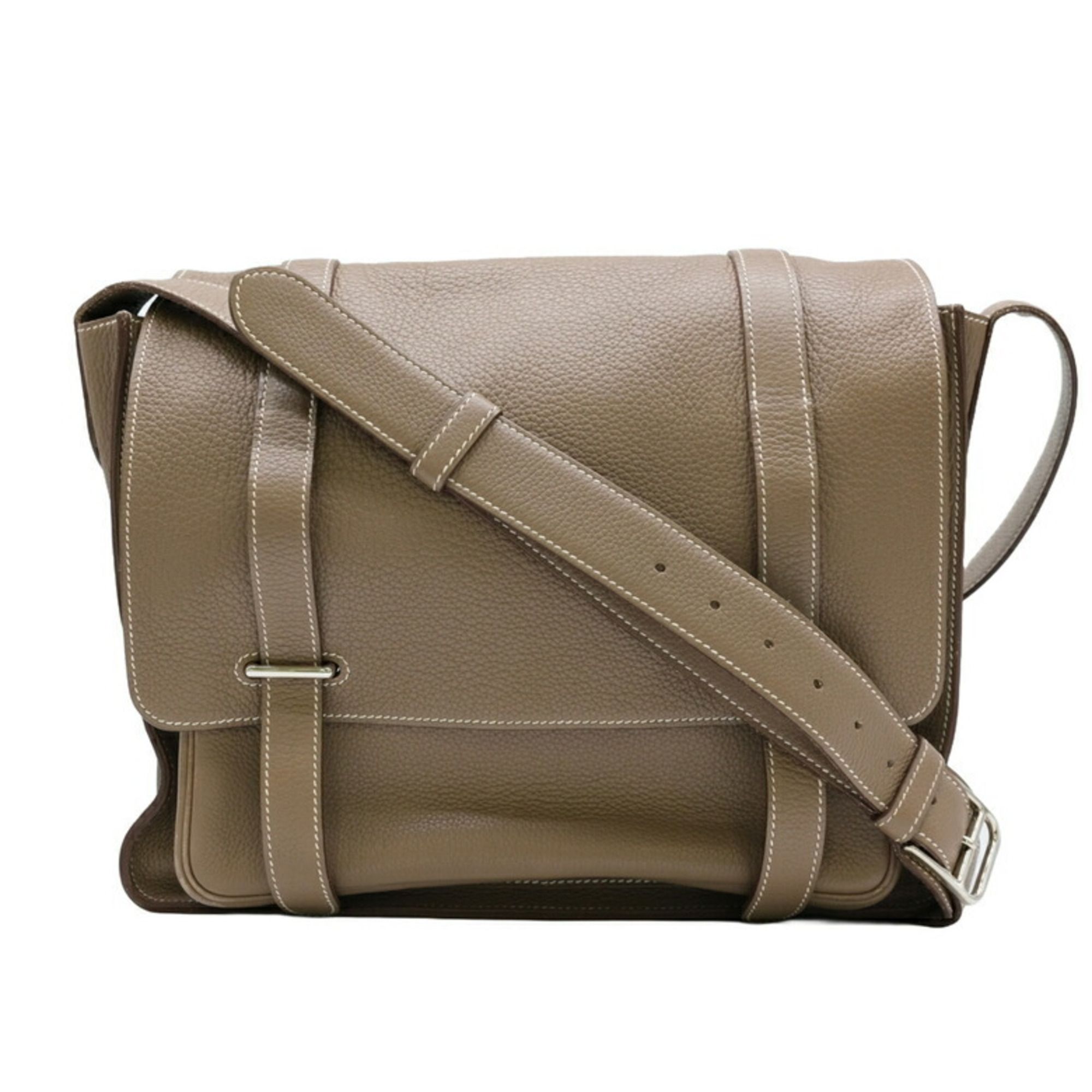 HERMES Steve Bussas 35 Shoulder Bag Taurillon Clemence Leather Etoupe Beige